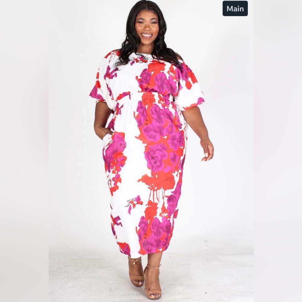 Floral Print off Shoulder Midi Dress "In Full Bloom" Plus Size